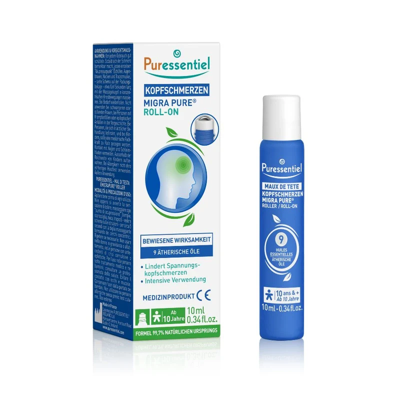 Puressentiel Kopfschmerzen Migra Pure Roll-on mit ätherischen Ölen – lindert Kopfschmerzen und Spannungen, 10 ml Roll-On