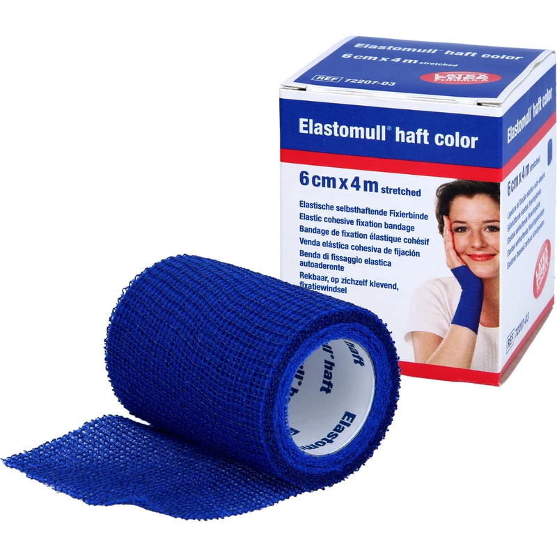 Elastomull haft 4 m x 6 cm color blau kohäsive elastische Fixierbinde, 1 St. Binde