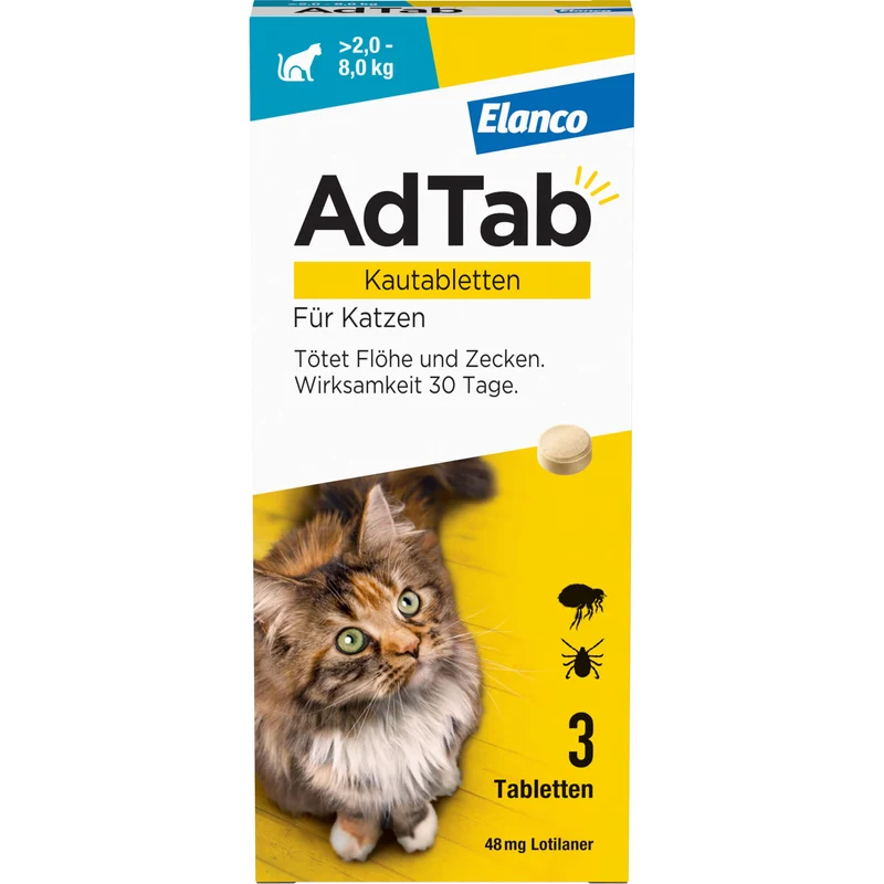 AdTab Kautabletten für Katzen über 2 bis 8 kg gegen Zecken und Flöhe, 3 St. Kautabletten
