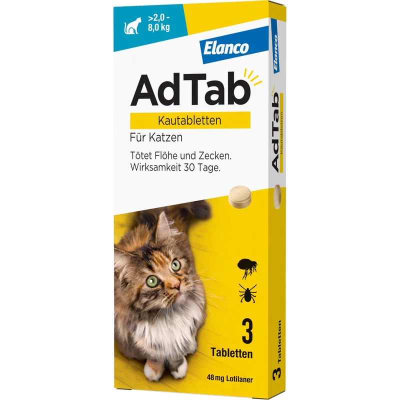 AdTab Kautabletten für Katzen über 2 bis 8 kg gegen Zecken und Flöhe, 3 St. Kautabletten