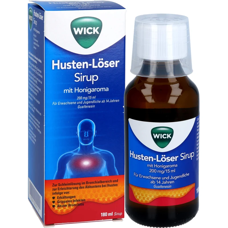WICK Husten-Löser Sirup mit Honigaroma mit Guaifenesin zur Linderung von produktivem Husten, 180 ml Lösung