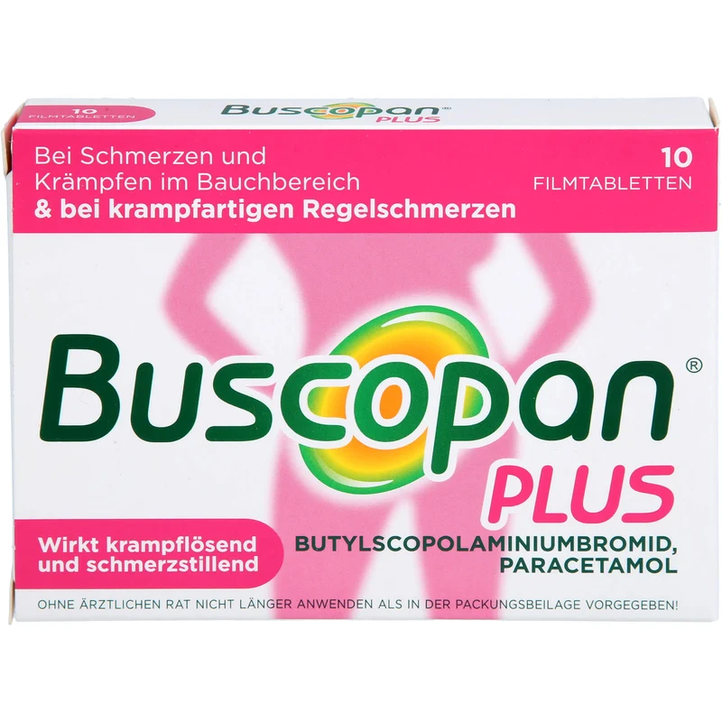 Buscopan plus 10 mg Butylscopolamin & 500 mg Paracetamol Filmtabletten bei Schmerzen und Krämpfen im Bauchbereich, 10 St. Tabletten