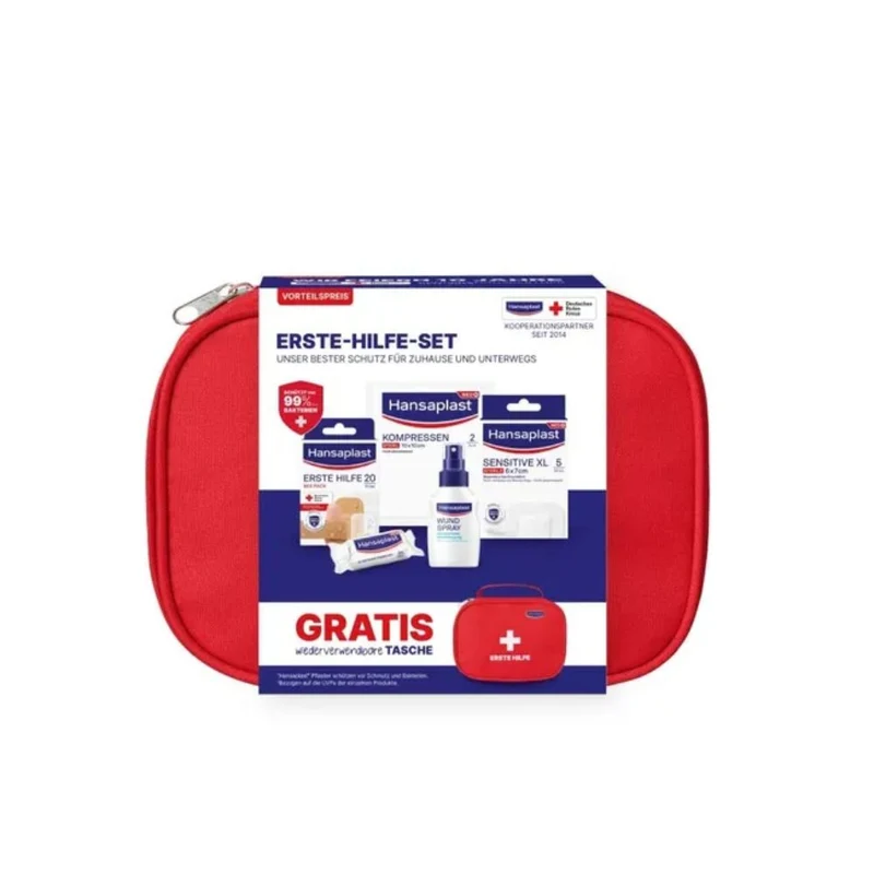 Hansaplast Erste-Hilfe-Set mit Wundspray, Pflastern, Binden und Kompressen, 1 St. Set