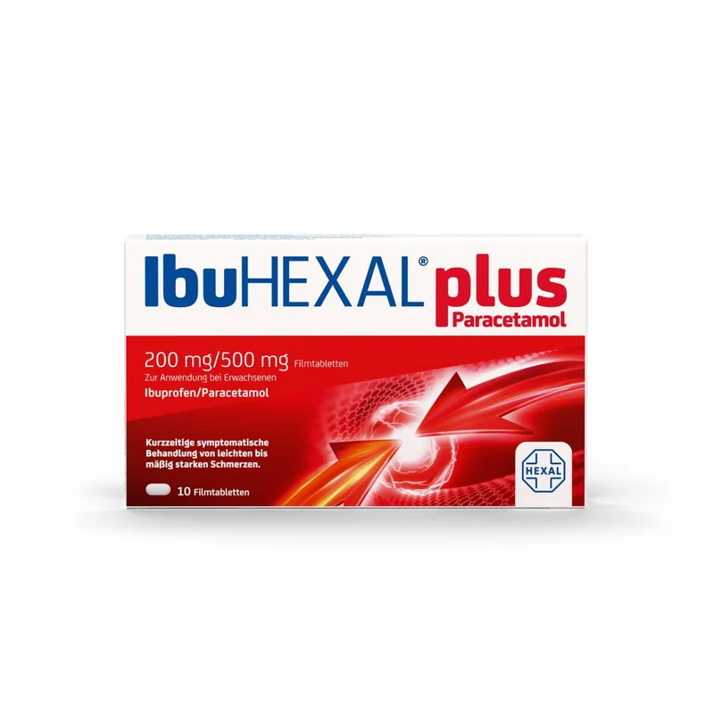 IbuHEXAL plus Paracetamol 200 mg / 500 mg Filmtabletten bei leichten bis mäßig starken Schmerzen, 10 St. Tabletten