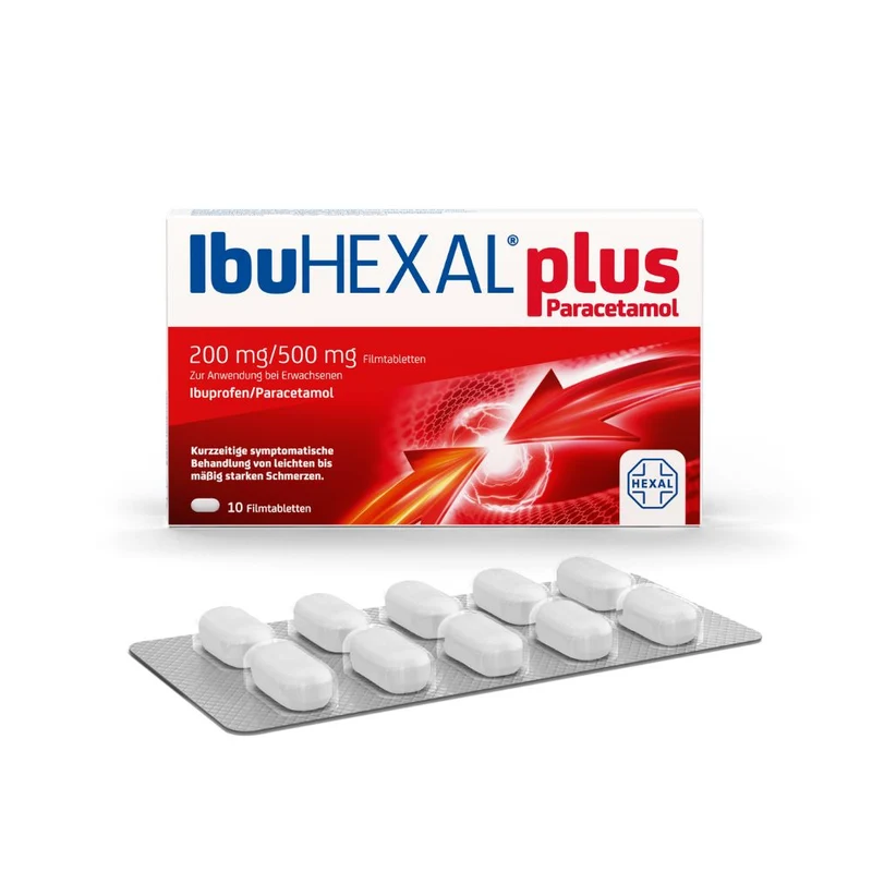 IbuHEXAL plus Paracetamol 200 mg / 500 mg Filmtabletten bei leichten bis mäßig starken Schmerzen, 10 St. Tabletten