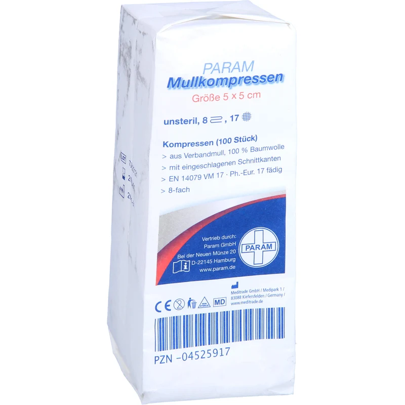 PARAM Mullkompressen 5 cm x 5 cm unsteril 8-fach, 100 St. Kompressen