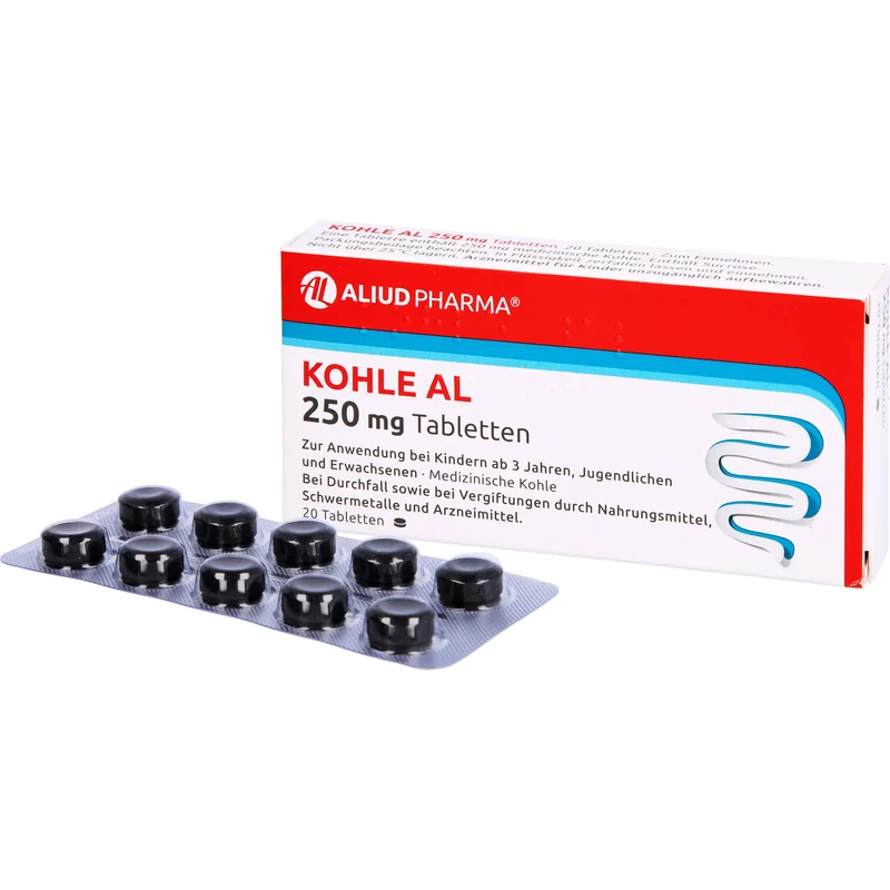 Kohle AL 250 mg Tabletten bei Durchfall, 20 St. Tabletten