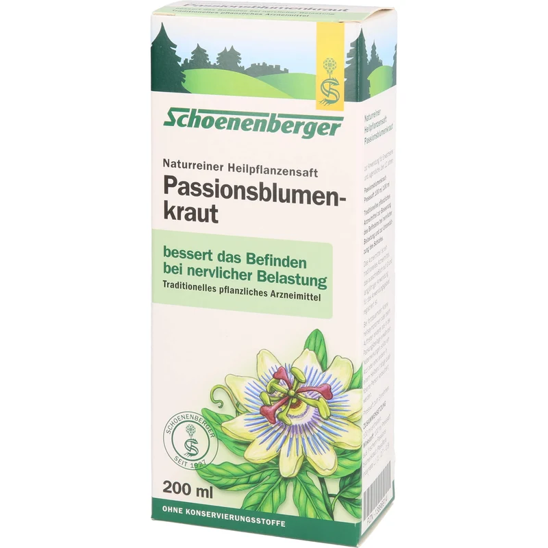 Schoenenberger naturreiner Heilpflanzensaft Passionsblumenkraut bessert das Befinden nach nervlicher Belastung, 200 ml Lösung