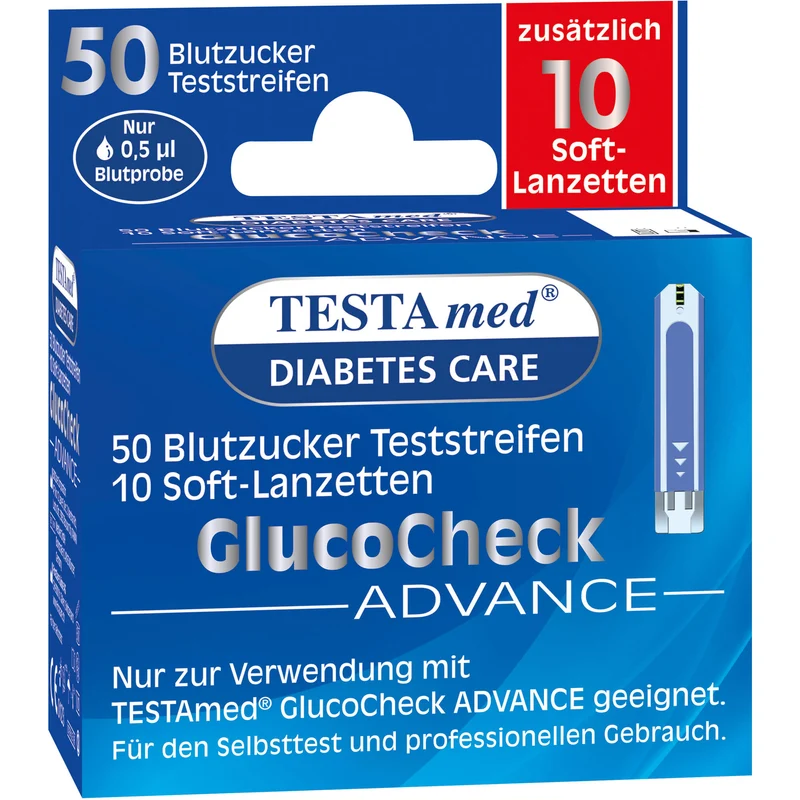Testamed GlucoCheck Advance 50 Blutzucker Teststreifen mit 10 Soft-Lanzetten, 1 St. Kombipackung