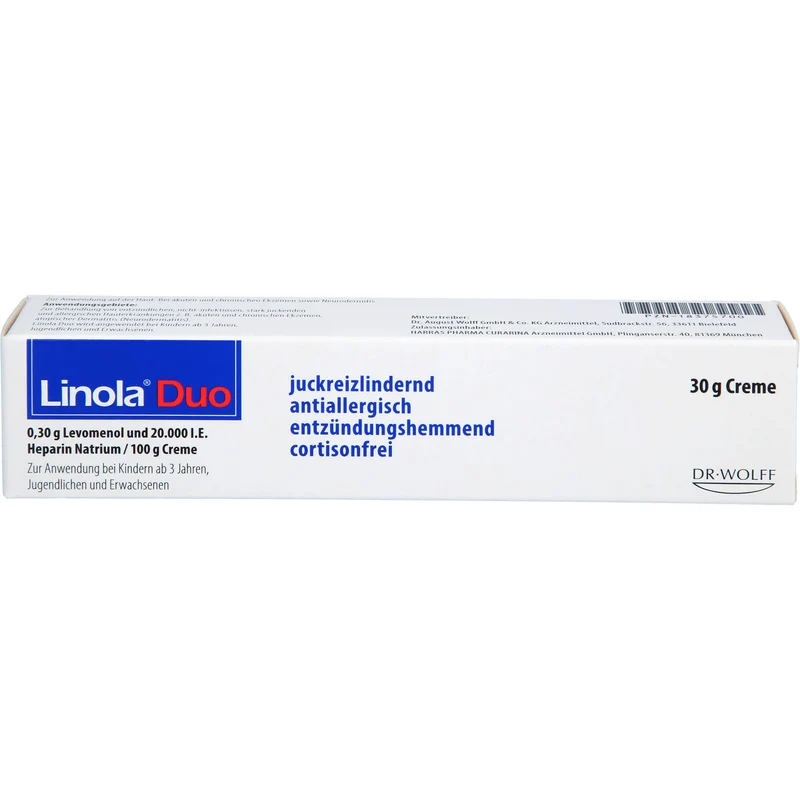 Linola Duo 0,30 g Levomenol und 20.000 I.E. Heparin Natrium Creme gegen Juckreiz bei Neurodermitis und Ekzemen, 30 g Creme
