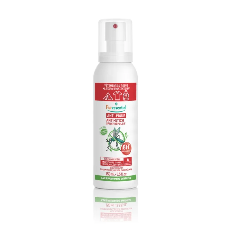 Puressentiel Anti-Stich Abwehrspray für Kleidung und Textilien mit Zitronen-Eukalyptus – schützt bis zu 8 Stunden vor Mücken und Stechinsekten, 150 ml Spray