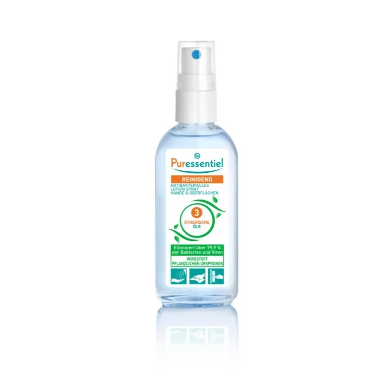Puressentiel Reinigende Antibakterielle Lotion Spray mit 71,4 % pflanzlichem Alkohol – desinfiziert Hände und Oberflächen, 80 ml Spray